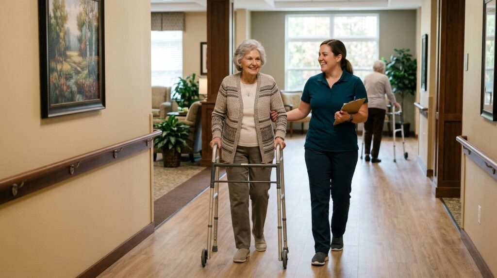 Assisted living caregiver supporting an older adult walking safely indoors, highlighting fall prevention care.
