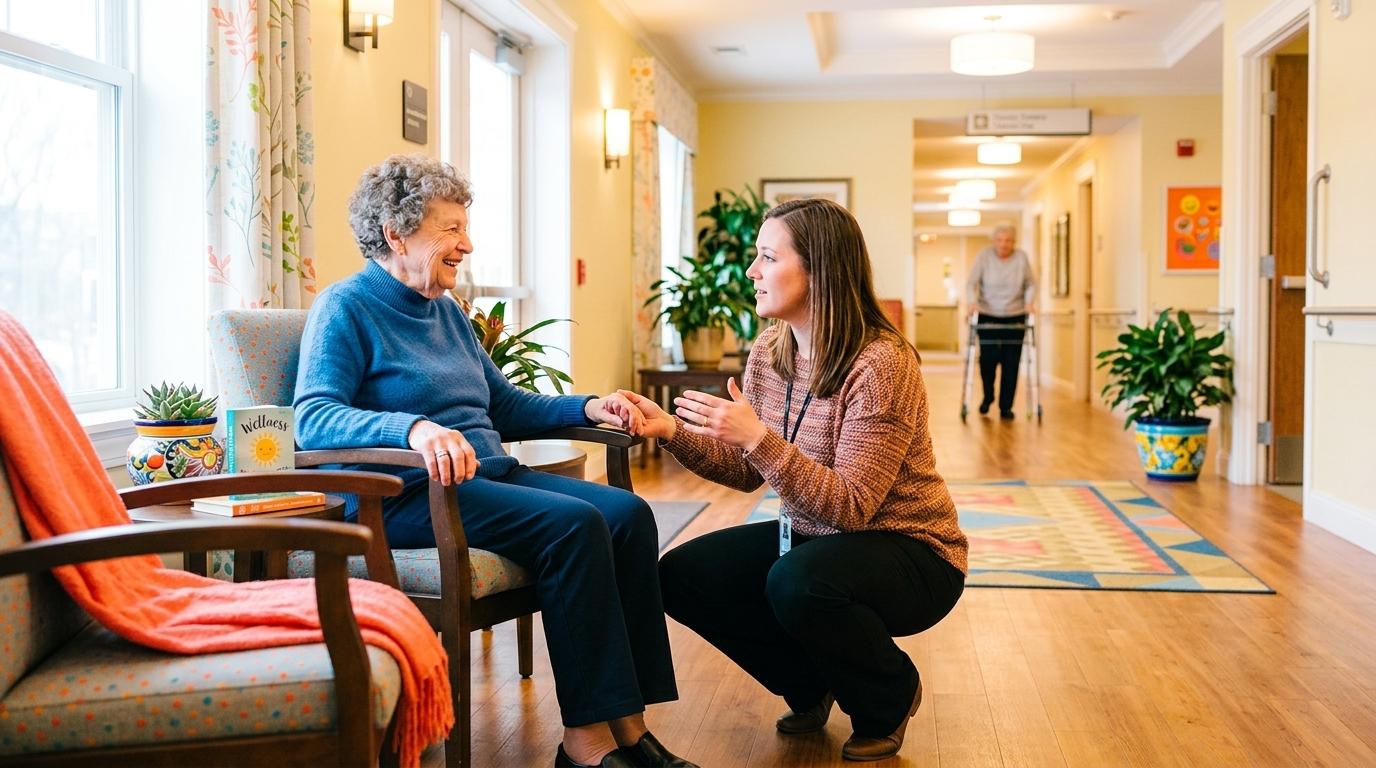 Bright assisted living hallway with wide pathways, handrails, and safe flooring designed to help reduce fall risks for seniors.