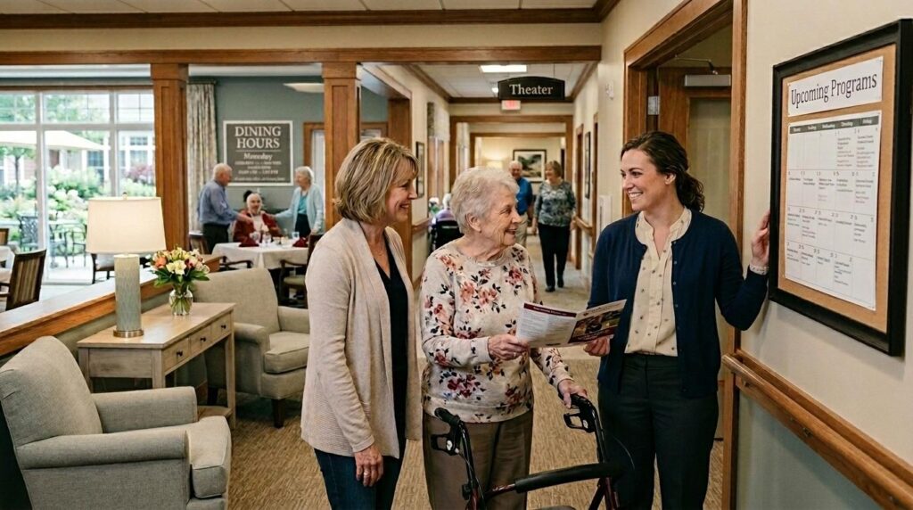 Smiling senior living staff member speaking with a family during an assisted living tour at Cardinal View Senior Living.