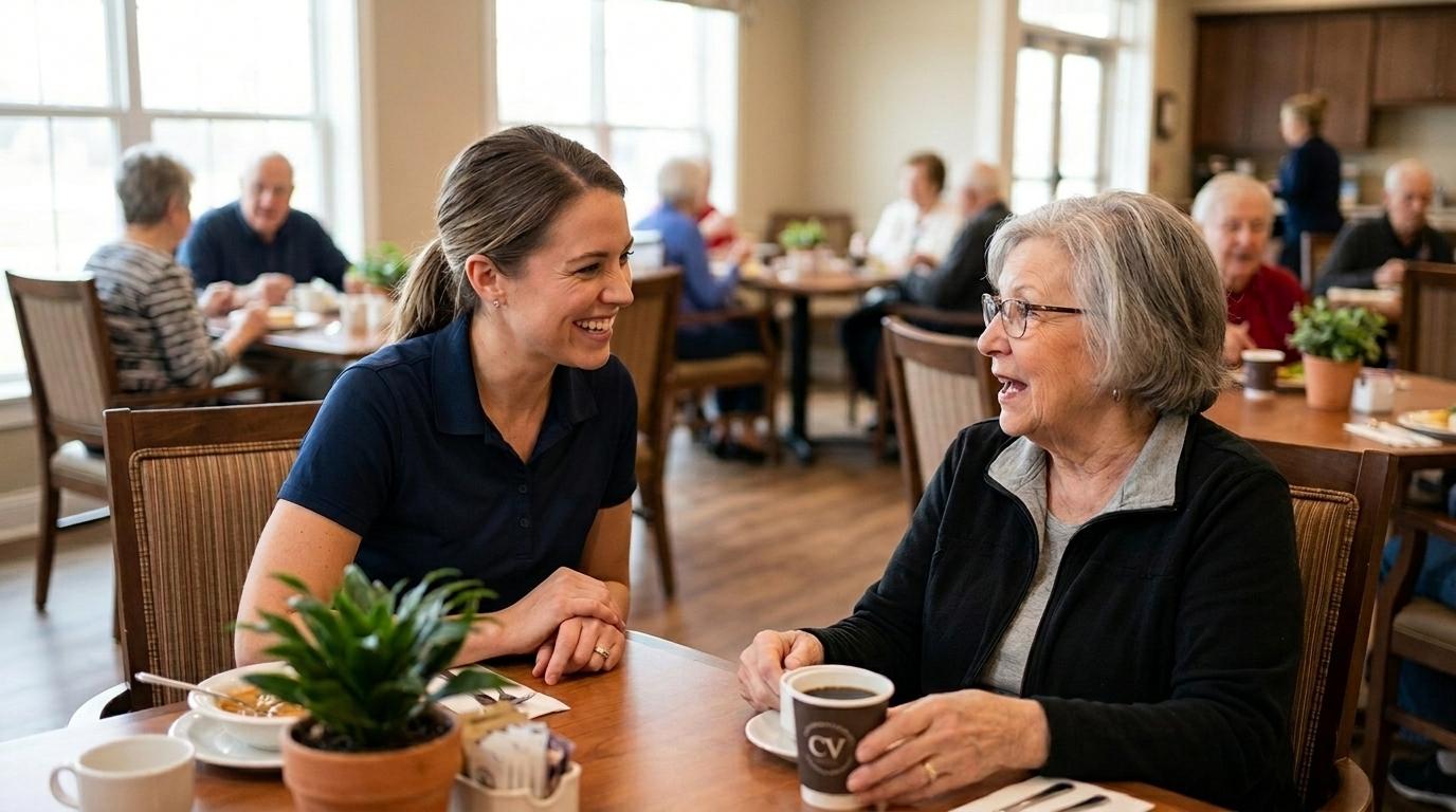 Smiling senior living staff member speaking warmly with an older adult resident in a comfortable community setting.
