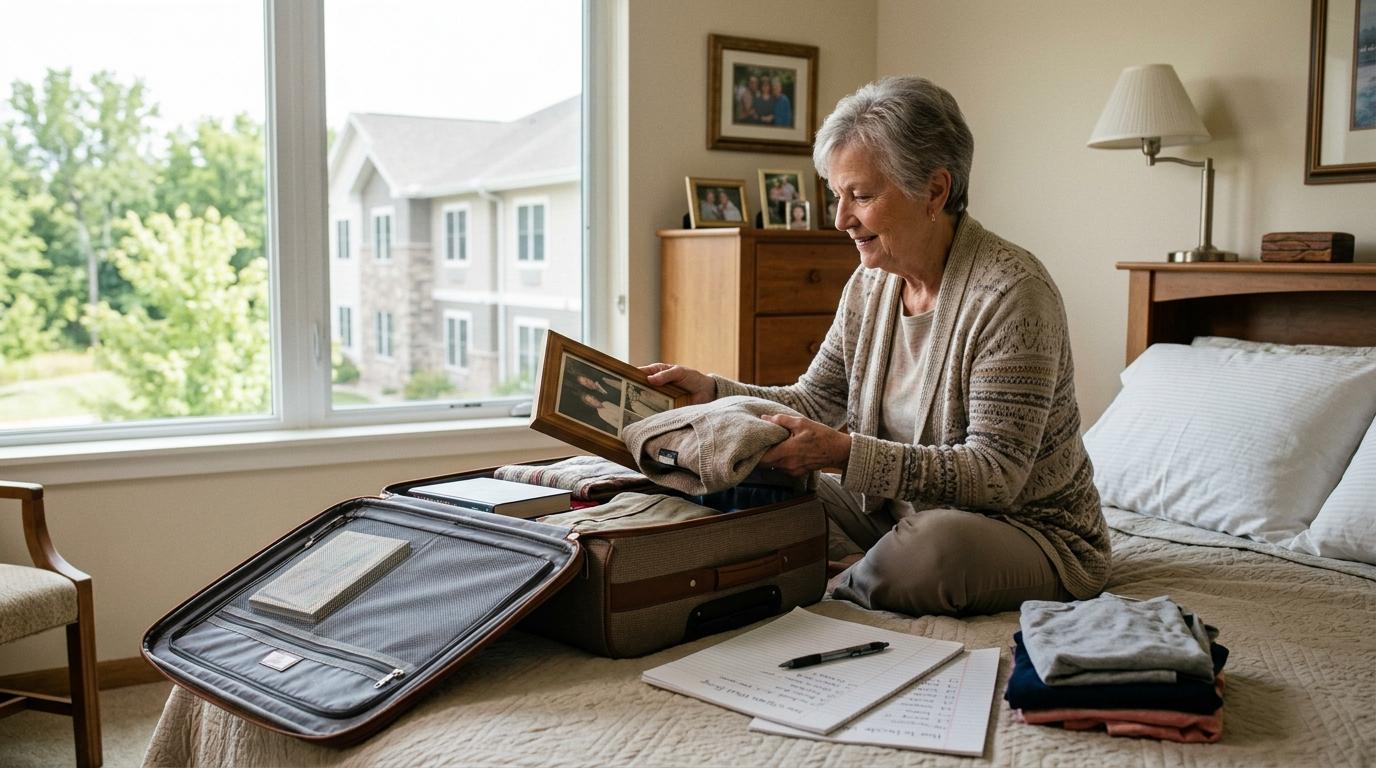 An older adult reviews a checklist while packing a suitcase for a move to a senior living community.