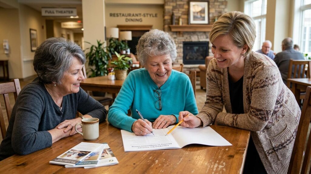 A group of older adults reviews a moving checklist with tips for transitioning to independent living at a senior community.