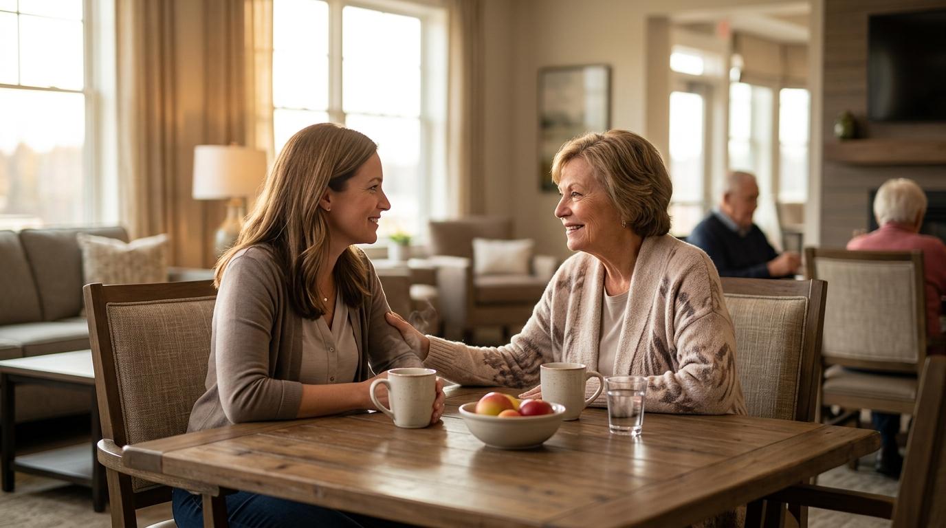 An adult child and senior parent sit together and have a warm, open conversation about senior living options.