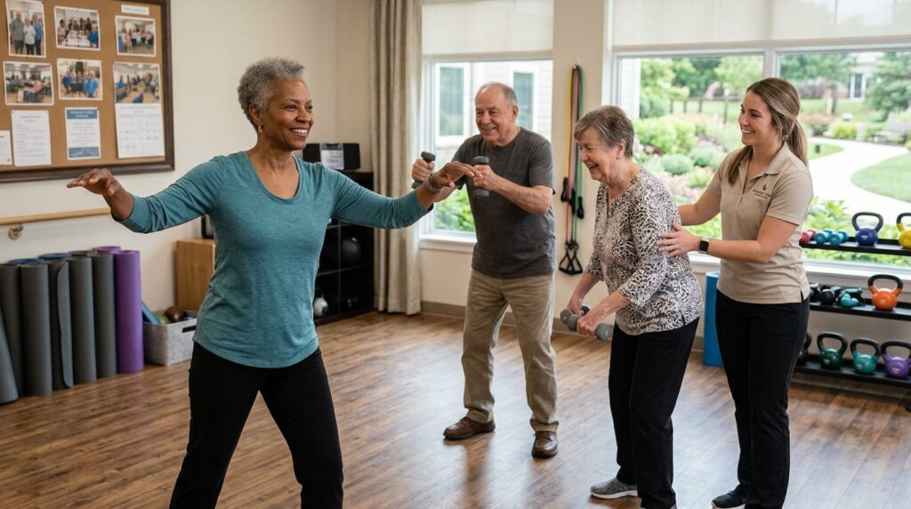 Smiling seniors enjoying a wellness activity at a senior living community.